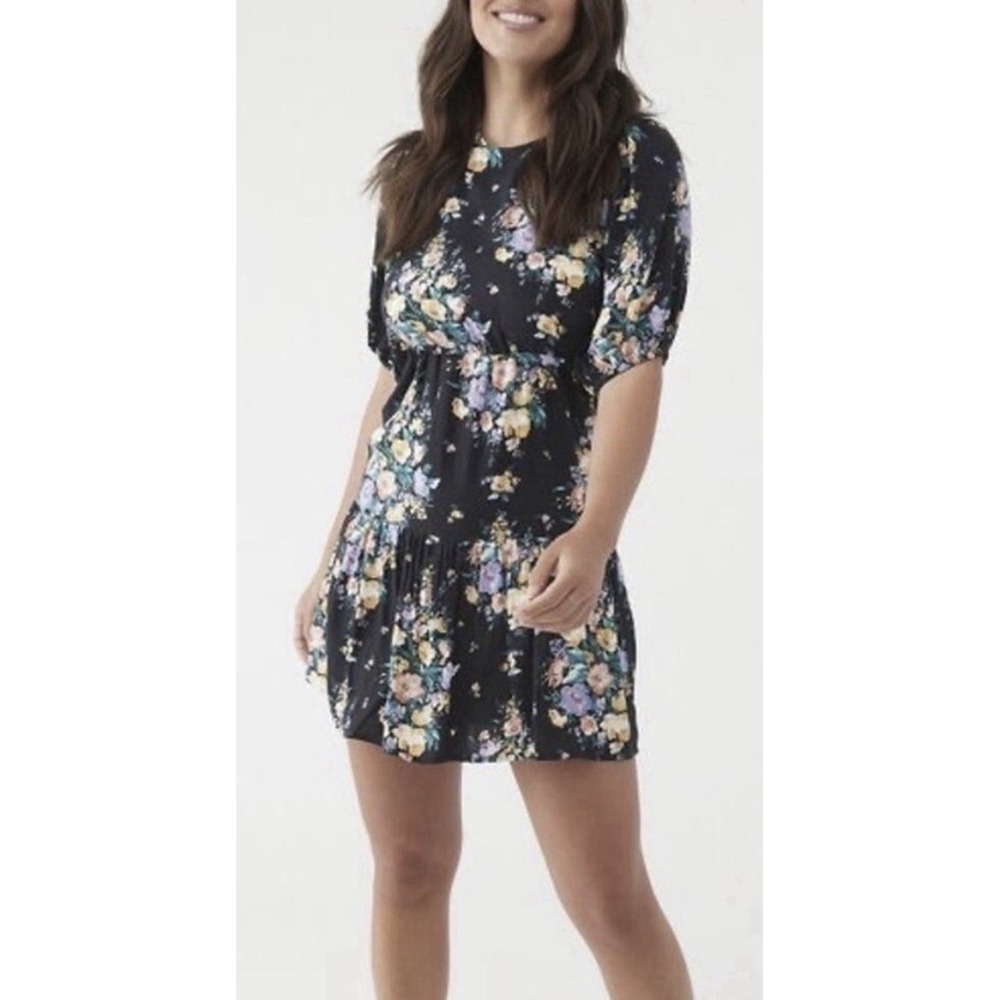 NWT O'Neill Alta Floral Open Back Dress Black Puff Sleeves Flowy XS